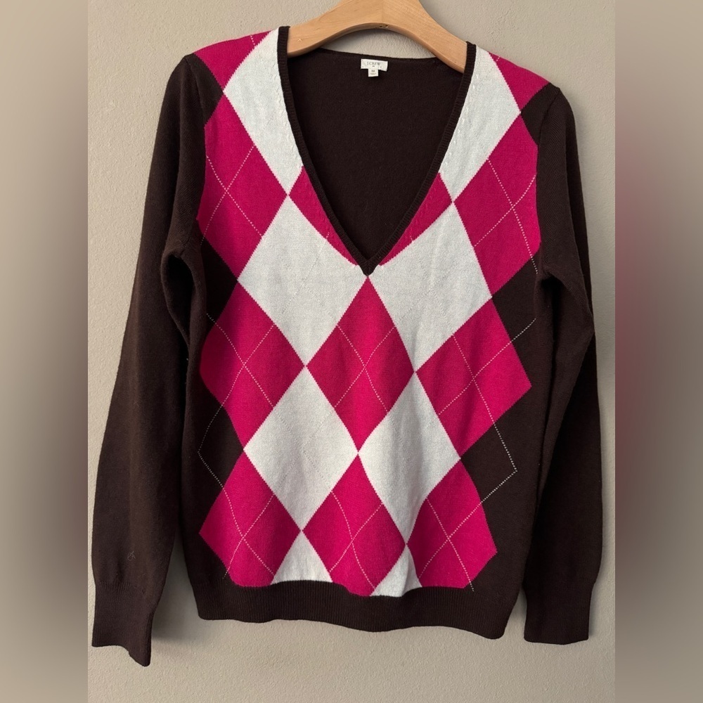 Vintage J.Crew Wool Cashmere Blend Argyle V-Neck Sweater Size M - Picture 2 of 7